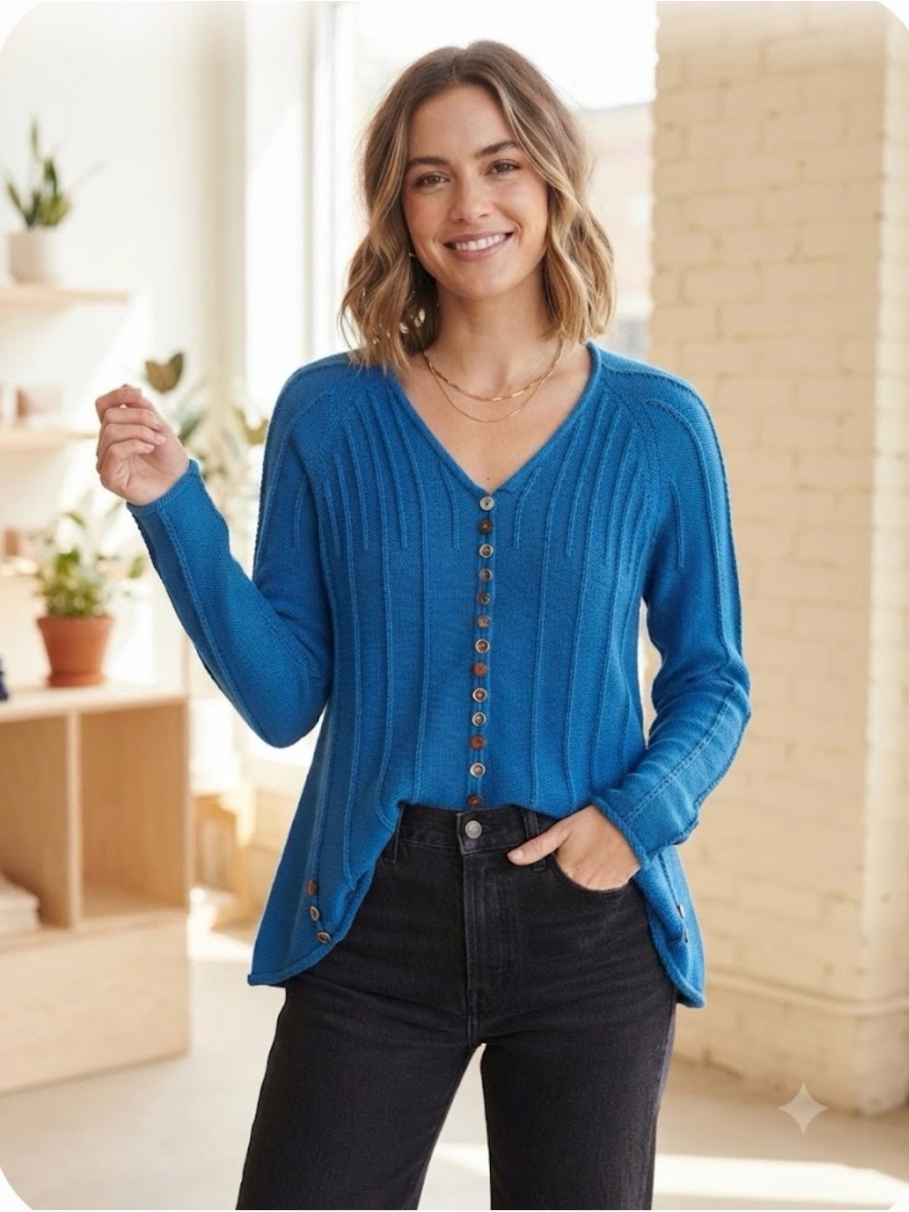 Pure Handknit Royal Blue 100% Cotton Decorative Button-Front Sweater